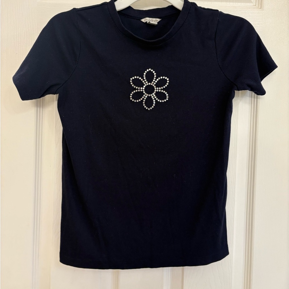 Charlotte Navy Ribbed Shirt with Rhinestone Flower Design - Picture 4 of 6